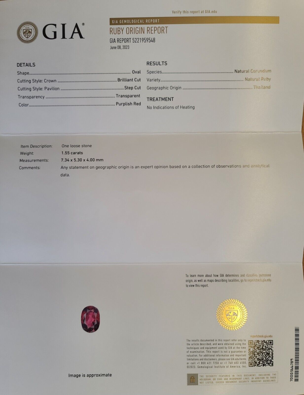 GIA Certified 1.55ct Oval Natural Pigeon Blood Thailand Ruby (Unheated)