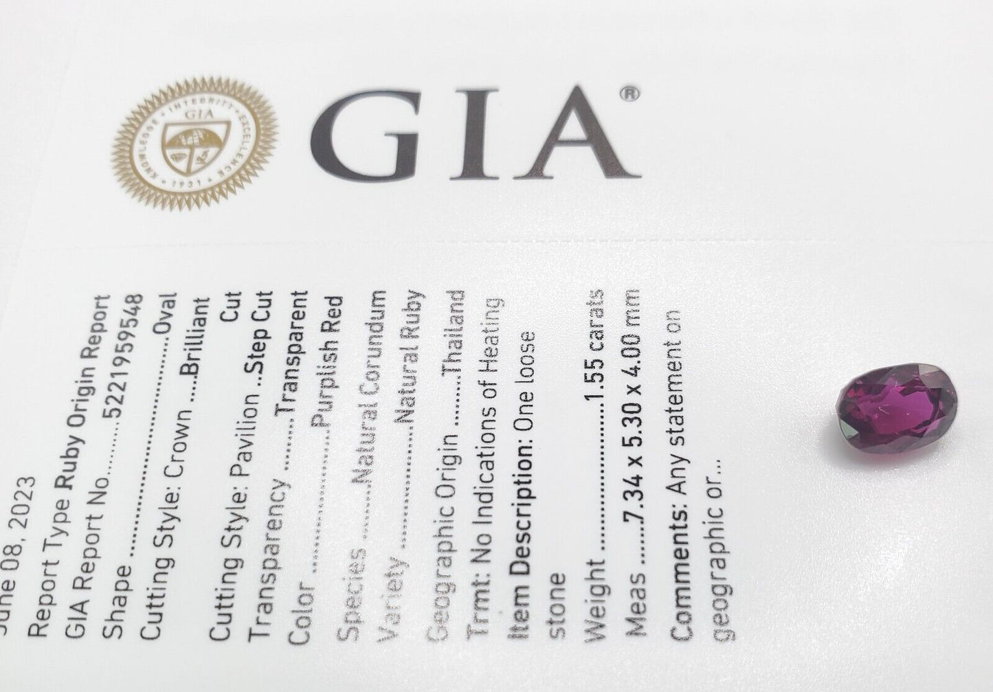 GIA Certified 1.55ct Oval Natural Pigeon Blood Thailand Ruby (Unheated)