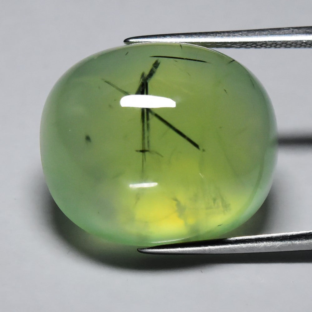 34.21ct ETW Prehnite Gemstone with Black Needles – Cushion Cut Cabochon