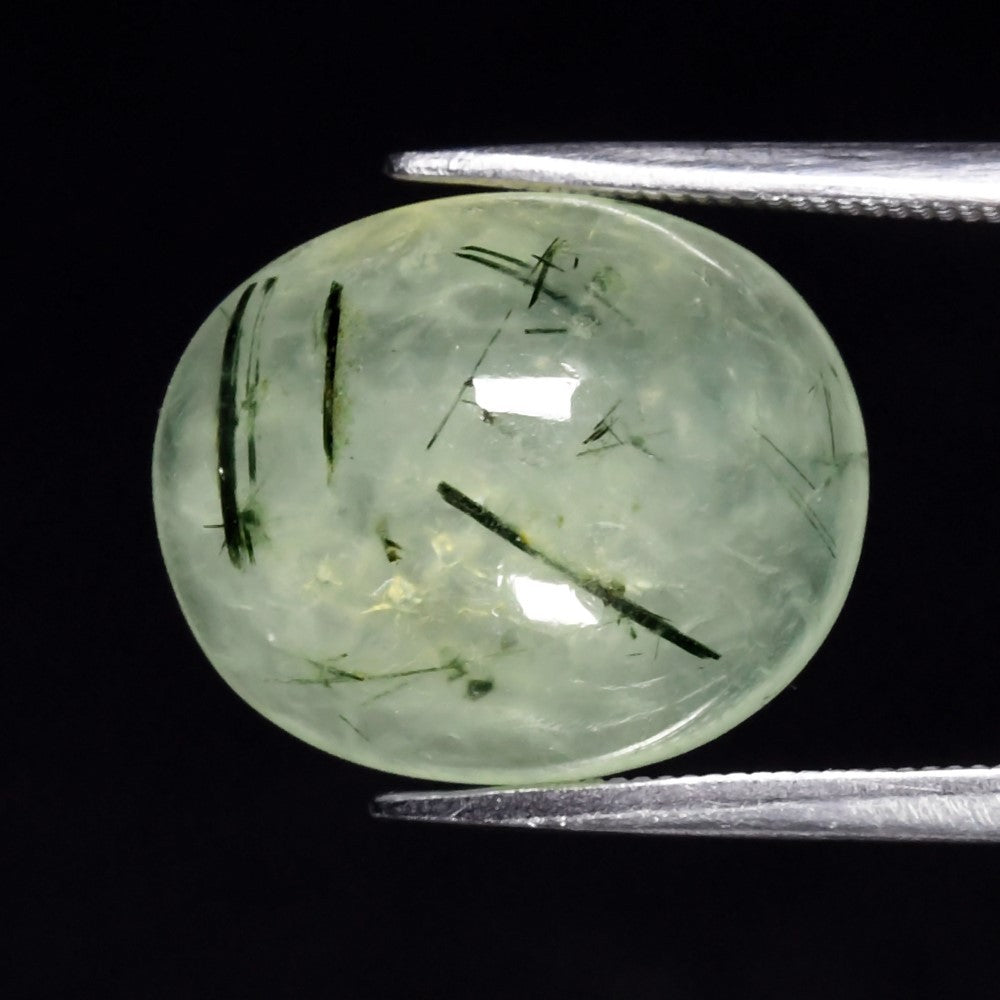 9.26ct ETW Earth-Mined Green Prehnite – Oval Cabochon, Black Needles