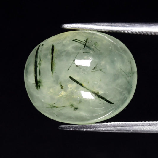 9.26ct ETW Earth-Mined Green Prehnite – Oval Cabochon, Black Needles