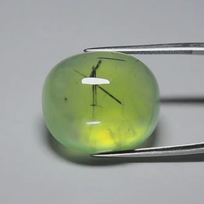 34.21ct ETW Prehnite Gemstone with Black Needles – Cushion Cut Cabochon
